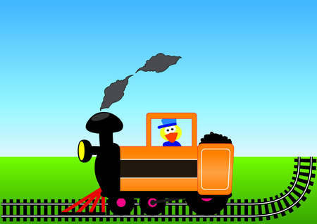 Locomotive with machinist, pouring smoke, the line on the grass with blue sky,のイラスト素材