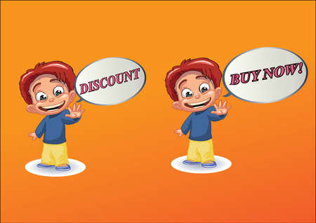 Two kids announce discounts and buy now  on orange backgroundのイラスト素材