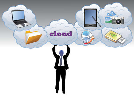Man holding the cloud, which stores information from laptop, smartphone, the camera and the filesのイラスト素材