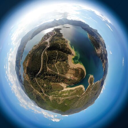 Spherical aerial photography of the town of Riano, located in the province of Leon (Spain)の写真素材