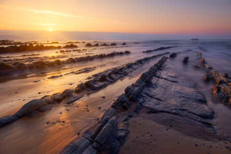 Warm sunset at Barrika beach with several rows of rocks directing the gaze towards an oil tankerの写真素材