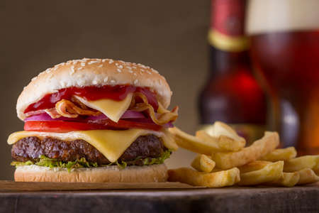 Delicious Burger with French Fries and Cold Beerの写真素材