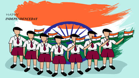 vector illustration of Happy Independence Day India. boys holding the flags