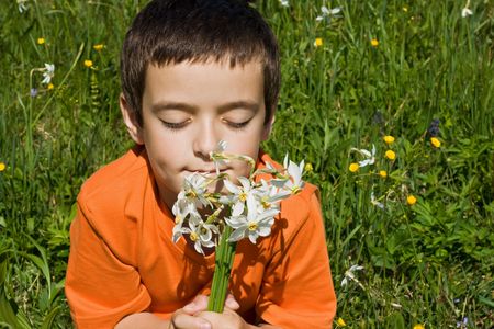Boy smelling flowers in the meadowの写真素材