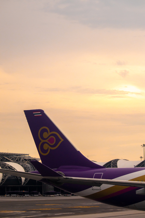 BANGKOK, THAILAND - APRIL 17, 2018: The tail of a Thai Airway's Beoing 747 at Suvarnabhumi Airport in Bangkok, Thailand.のeditorial素材