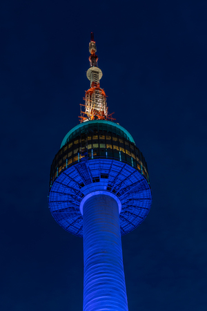 SEOUL, SOUTH KOREA - MAY 5, 2018: The N Seoul Tower or Namsan Tower at night time. A communication tower and popular weekend destination at the top of the Namsan Mountain in Seoul, South Korea.のeditorial素材