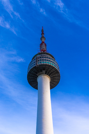 SEOUL, SOUTH KOREA - MAY 5, 2018: The N Seoul Tower or Namsan Tower. A communication tower and popular weekend destination at the top of the Namsan Mountain in Seoul, South Korea.のeditorial素材