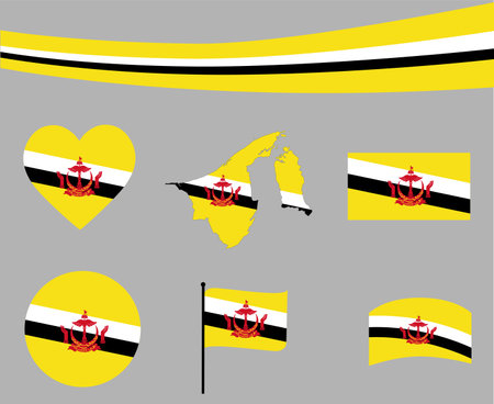 Brunei Flag Map Ribbon And Heart Icons Vector Illustration Abstract National Emblem Design Elements collectionのイラスト素材