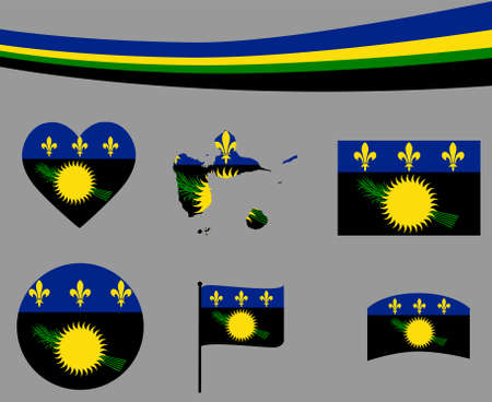 Guadeloupe Flag Map Ribbon And Heart Icons Vector Illustration Abstract National Emblem Design Elements collectionのイラスト素材