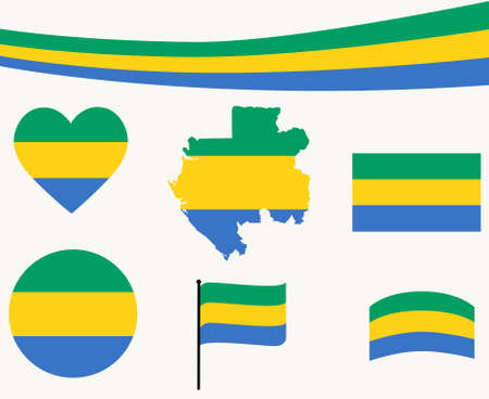 Gabon Flag Map Ribbon And Heart Icons Vector Illustration Abstract National Emblem Design Elements collectionのイラスト素材