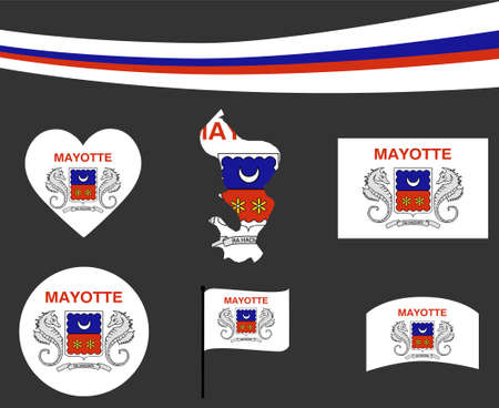 Mayotte Flag Map Ribbon And Heart Icons Vector Illustration Abstract National Emblem Design Elements collectionのイラスト素材