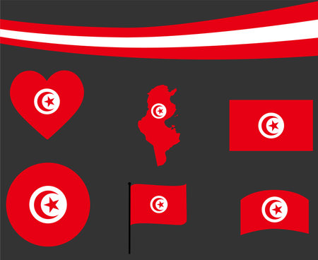 Tunisia Flag Map Ribbon And Heart Icons Vector Illustration Abstract National Emblem Design Elements collectionのイラスト素材