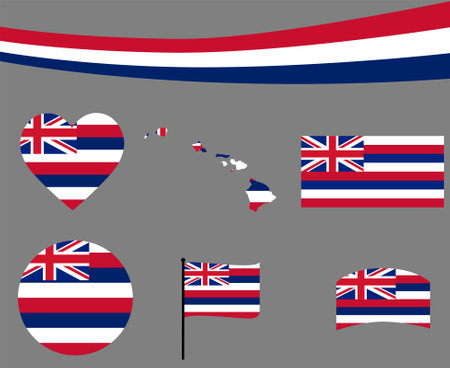 Hawaii Flag Map Ribbon And Heart Icons Vector Illustration Abstract National Emblem Design Elements collectionのイラスト素材