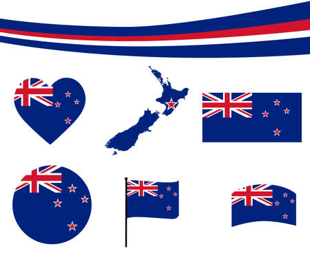 New Zealand Flag Map Ribbon And Heart Icons Vector Illustration Abstract National Emblem Design Elements collectionのイラスト素材