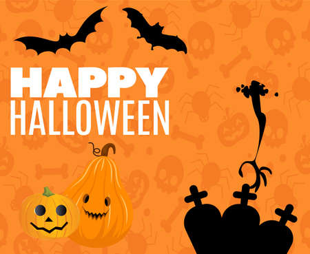 Abstract Halloween Background Vector Pumpkin Trick Or Treat with Spider Rip Tomb and Batのイラスト素材