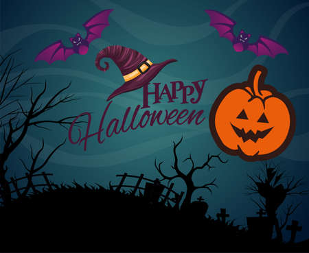 Abstract Pumpkin Orange Halloween Day 31 October Party Design with Bat Tombのイラスト素材