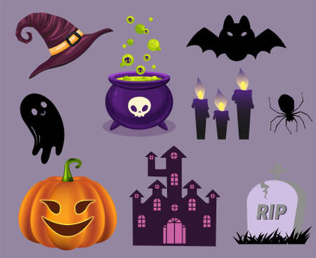 Objects Halloween Bat Ghost Rip and Tomb Vector Pumpkin Trick Or Treat with Spider castleのイラスト素材