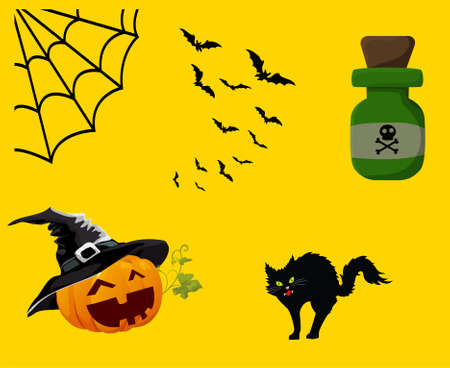 Objects Halloween Background Vector Pumpkin Cat with Spider and Batのイラスト素材