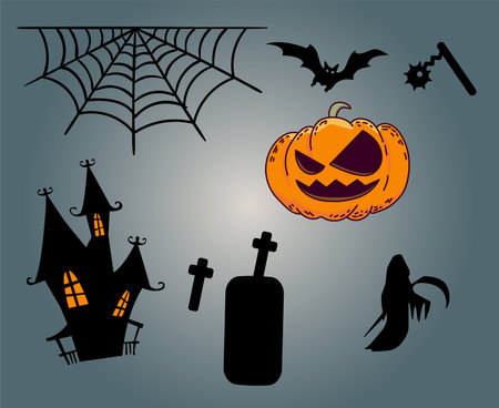 Design Halloween Day 31 October Objects Tomb Illustration Spider and bat Pumpkin Vectorのイラスト素材