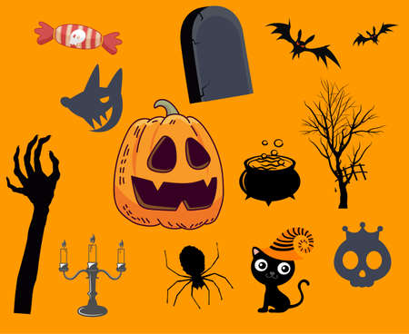 Abstract Happy Halloween Holiday Vector Objects with Bat Tomb Tree and Ghost Cat Candyのイラスト素材
