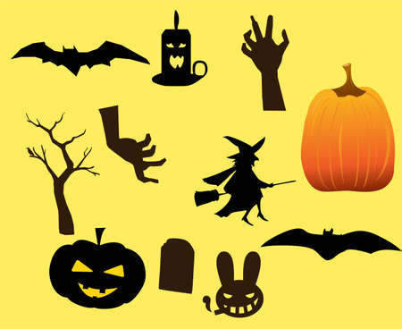 Abstract Happy Halloween Holiday Objects Vector Pumpkin with Tomb Bat and Ghostのイラスト素材