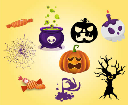 Abstract Happy Halloween 31 October Objects Background with Pumpkin Orange Candy Tree and Spider Vectorのイラスト素材