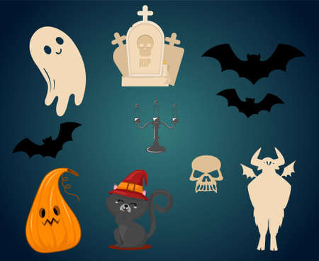 Abstract 31 October Halloween Holiday Design Objects Bat Ghost and Tomb Pumpkin Orange Spooky Darknessのイラスト素材