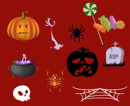 Abstract Happy Halloween Objects 31 October Background with Pumpkin Orange Candy Tomb and Spider Vectorのイラスト素材