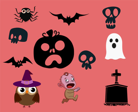 Objects Happy Halloween 31 October Background with Tomb Ghost Bat Pumpkin Orange and Spider Vectorのイラスト素材