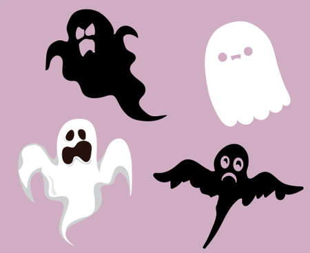 Ghosts Black And White Objects Signs Symbols Vector Illustration With Purple Backgroundのイラスト素材