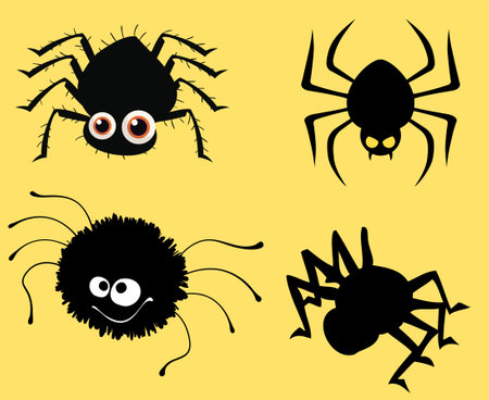 Spider Black Objects Signs Symbols Vector Illustration Abstract With Yellow Backgroundのイラスト素材