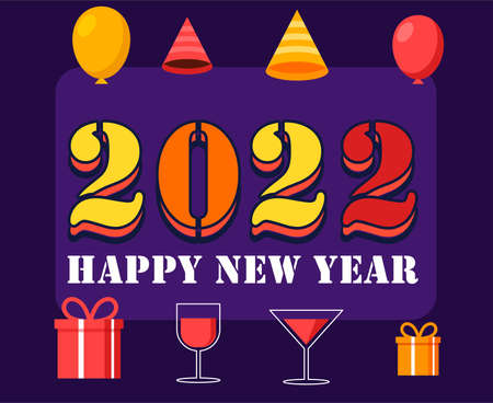 Happy New Year 2022 Holiday Abstract Design Vector Illustration Colorful Objects With Purple...