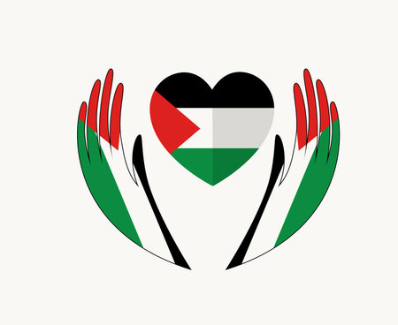 Palestine Flag Emblem Heart With Hands Symbol Middle East country Abstract Design Vector illustrationのイラスト素材
