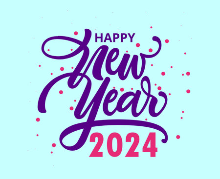 Happy New Year 2024 Abstract Purple And Pink Logo Symbol Design Vector Illustration With Cyan Backgroundのイラスト素材