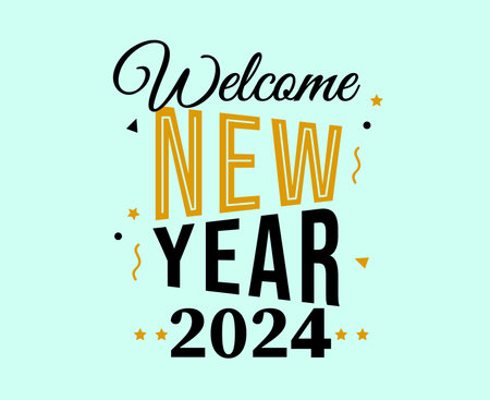 Happy New Year 2024 Abstract Black And Yellow Logo Symbol Design Vector Illustration With Cyan Backgroundのイラスト素材