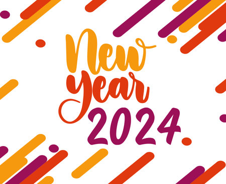 Happy New Year 2024 Abstract Purple Orange And Yellow Logo Symbol Design Vector Illustrationのイラスト素材