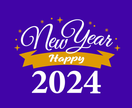 Happy New Year 2024 Abstract Yellow And White Logo Symbol Design Vector Illustration With Purple Backgroundのイラスト素材