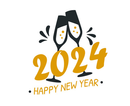 Happy New Year 2024 Abstract Blue And Yellow Logo Symbol Design Vector Illustrationのイラスト素材