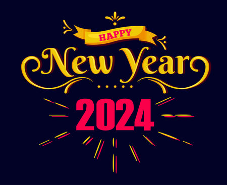 Happy New Year 2024 Abstract Yellow And Pink Logo Symbol Design Vector Illustration With Black Backgroundのイラスト素材
