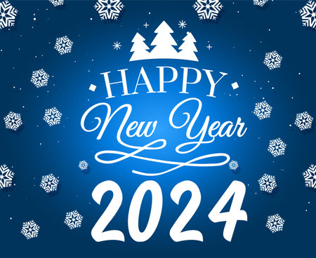 Happy New Year 2024 White Holiday Abstract Design Vector Logo Symbol Illustration With Blue Backgroundのイラスト素材