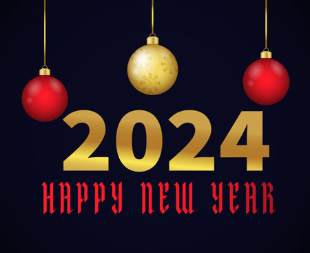 Happy New Year 2024 Holiday Red And Gold Abstract Design Vector Logo Symbol Illustration With Blue Backgroundのイラスト素材