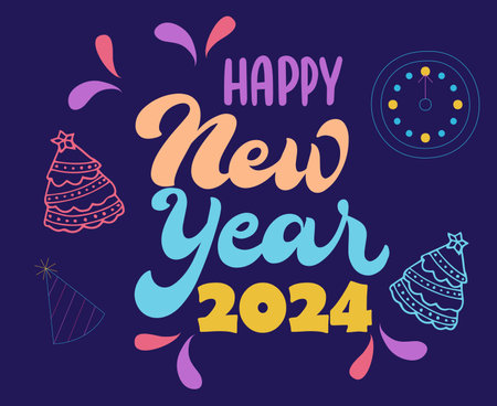 2024 Happy New Year Holiday Abstract Clorful Design Vector Logo Symbol Illustration With Blue Backgroundのイラスト素材