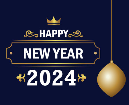 2024 Happy New Year Holiday Abstract Gold And White Design Vector Logo Symbol Illustration With Blue Backgroundのイラスト素材
