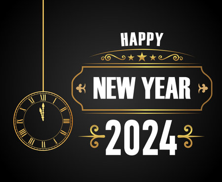 2024 Happy New Year Holiday Abstract Gold And White Design Vector Logo Symbol Illustration With Black Backgroundのイラスト素材