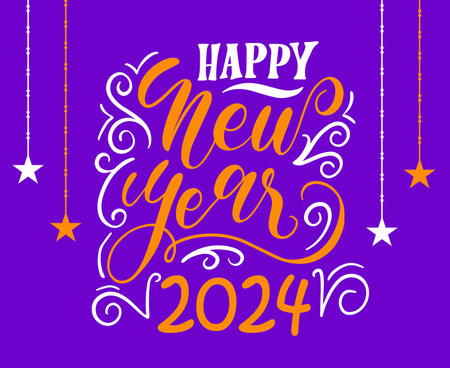 2024 Happy New Year Holiday Abstract Orange And White Design Vector Logo Symbol Illustration With Purple Backgroundのイラスト素材