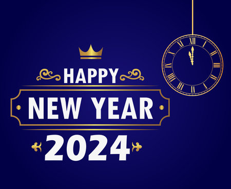 2024 Happy New Year Holiday Abstract Gold And White Design Vector Logo Symbol Illustration With Blue Backgroundのイラスト素材