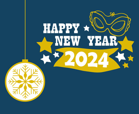 2024 Happy New Year Holiday Abstract Yellow And White Design Vector Logo Symbol Illustration With Blue Backgroundのイラスト素材