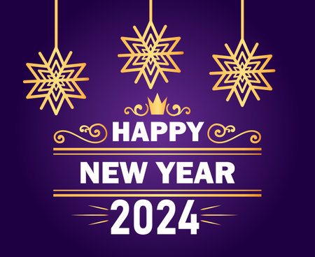 2024 Happy New Year Holiday Abstract Gold And White Design Vector Logo Symbol Illustration With Purple Backgroundのイラスト素材