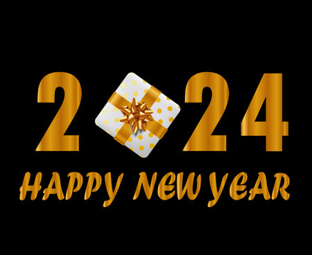 2024 Happy New Year Holiday Abstract Gold Design Vector Logo Symbol Illustration With Black Backgroundのイラスト素材