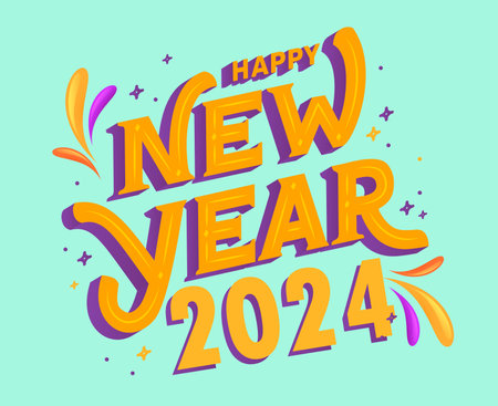 Happy New Year 2024 Holiday Abstract Yellow And Purple Design Vector Logo Symbol Illustration With Cyan Backgroundのイラスト素材